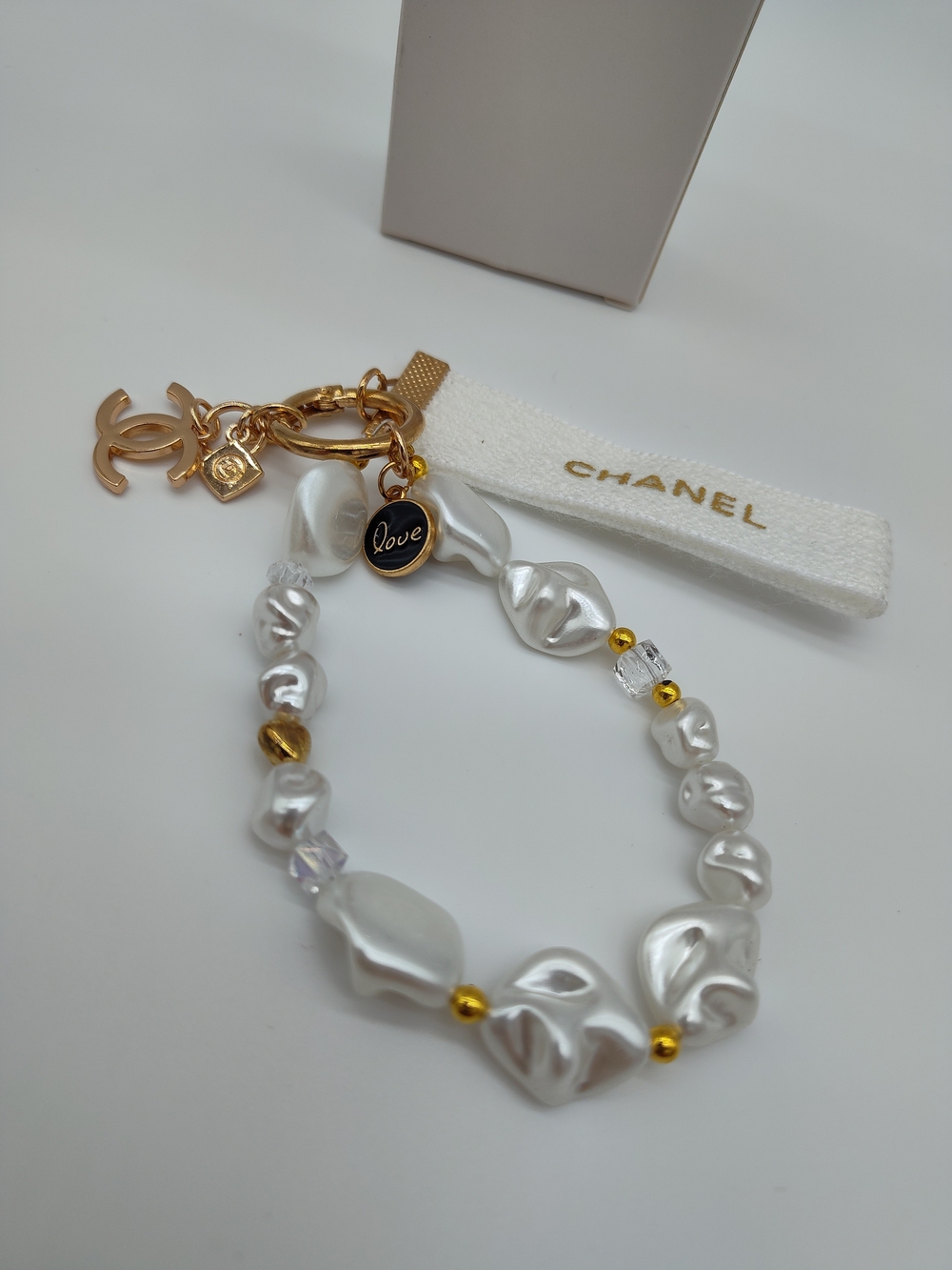 CHANEL Pearl Love CC Charm Keychain Bag Charm Gold Tone Crystal NIB